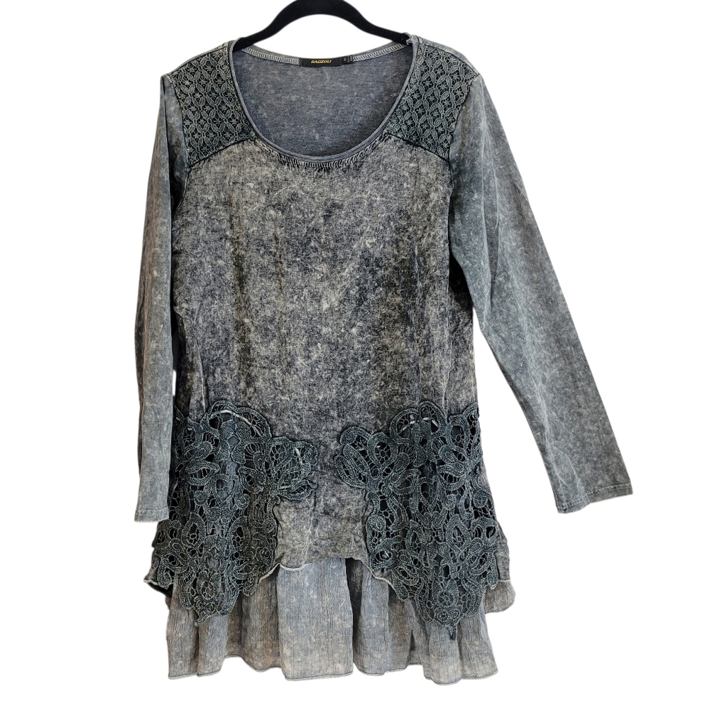 Radzoli Cotton Boho Peasant Tunic Top L Crochet Floral Lace Layered Gray